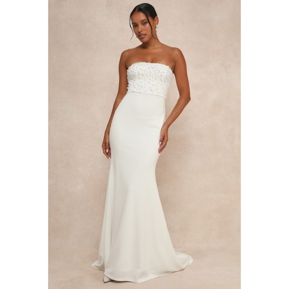 Lulus Remarkably Lovely White Pearl Strapless Mermaid Maxi Dress - Size M